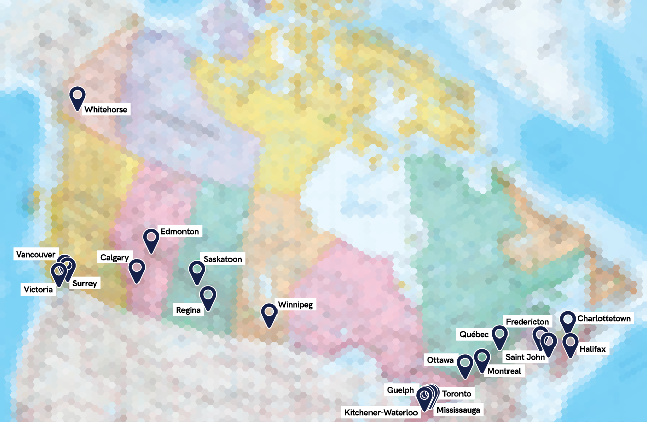 Stylized map of Canada, with pins indicating cities visited: Whitehorse, Vancouver, Victoria, Surrey, Calgary, Edmonton, Saskatoon, Regina, Winnipeg, Kitchener-Waterloo, Guelph, Toronto, Mississauga, Ottawa, Montreal, Québec, Fredericton, Saint John, Halifax, and Charlottetown